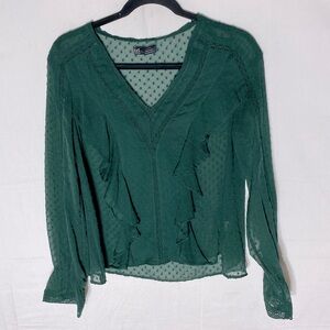 Zara TRF Sheer Green Ruffled Textured Long Sleeve Blouse S